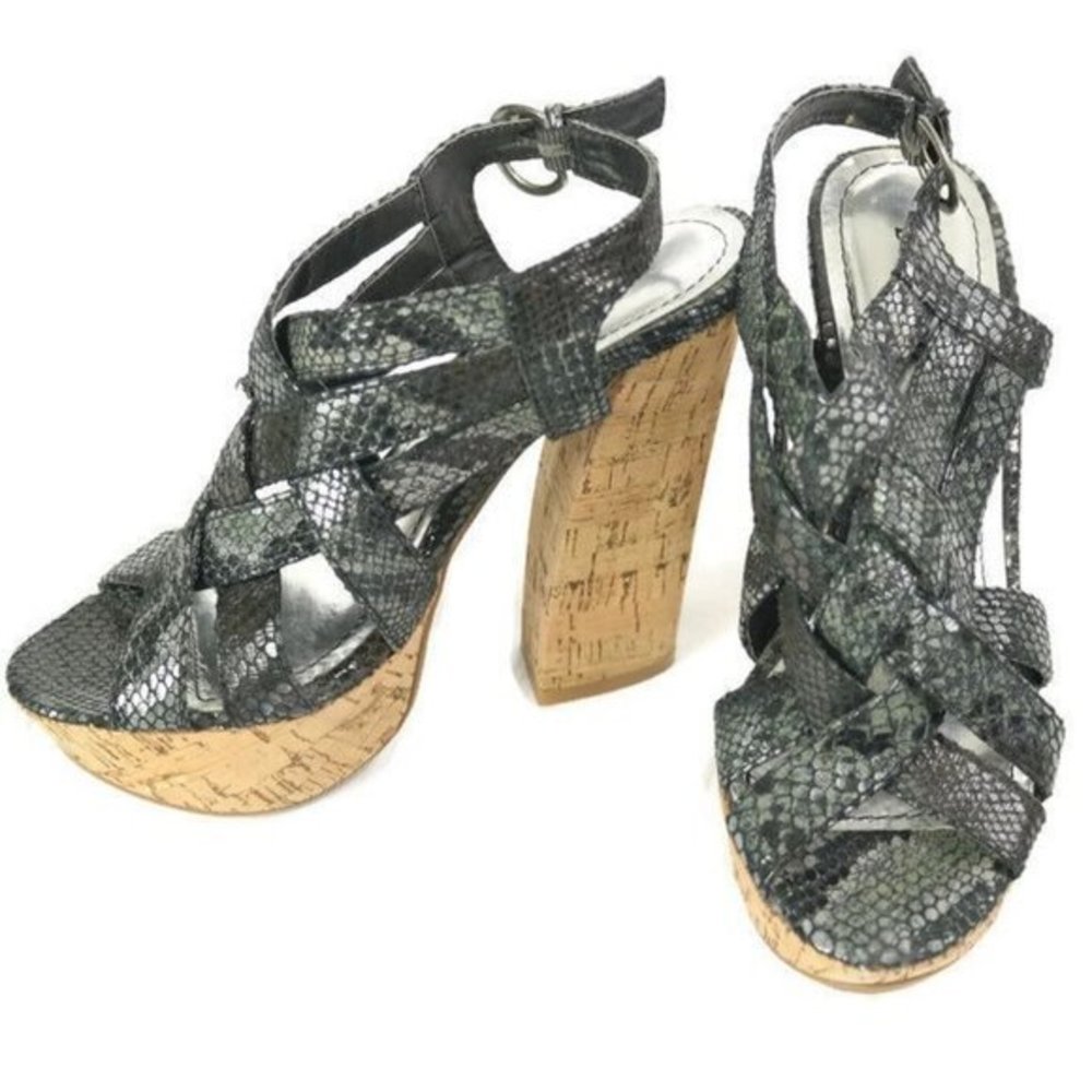 Bamboo Nanette Shoes Heels‎ Sandals Platform Black Silver Snake Cork 7.5